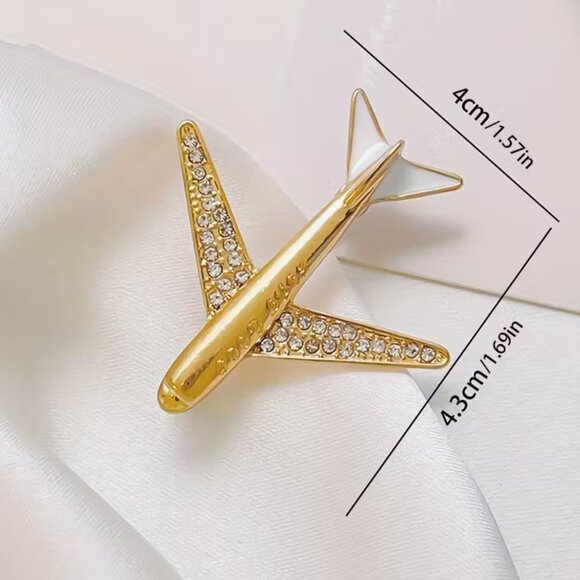 Airplane Brooch Pin - Elegant Golden-Toned with Sparkling Crystals - Picture 2 of 3
